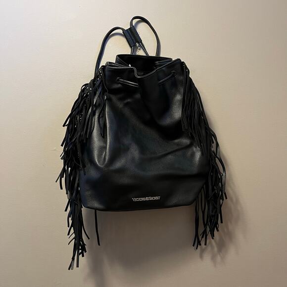 Victoria’s Secret Black Faux Leather Fringe Backpack Boho Shoulder Bag - Picture 1 of 3